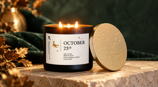 October 25 Cosmic Birthday Candle in a luxurious forest green and champagne gold setting for the October 25–31 weekly horoscope.